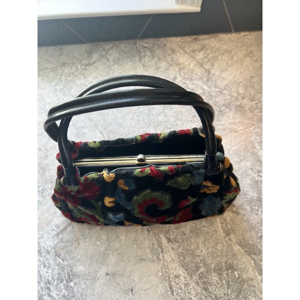 Vintage Floral Chenille Handbag Black Tapestry Carpet Bag Purse Double Handle - Picture 13 of 16